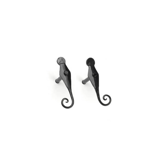 Closeup of Lag Mount Offset English Rat Tail Shutter Tiebacks with black powder coating.