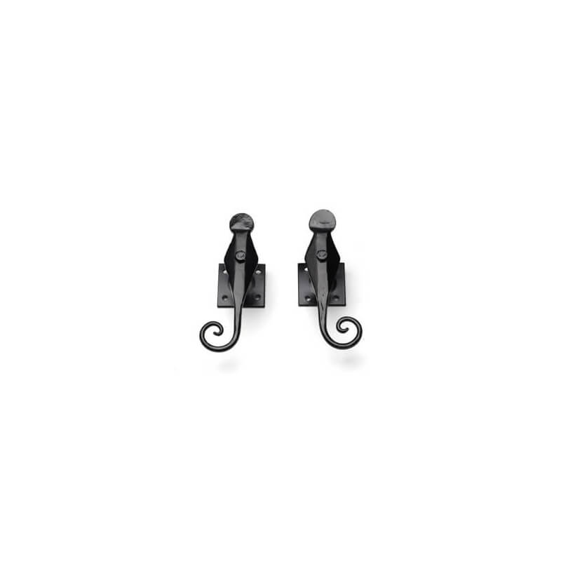 Closeup of Plate Mount Offset English Rat Tail Shutter Tiebacks with black powder coating.
