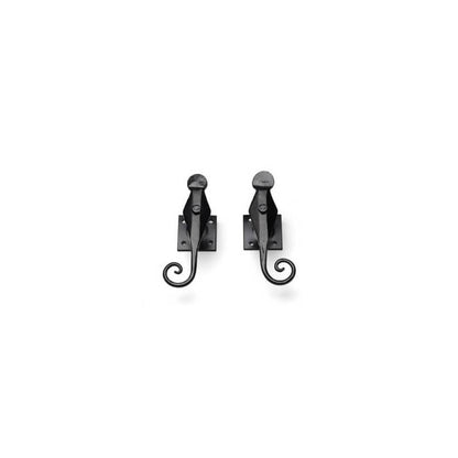 Closeup of Plate Mount Offset English Rat Tail Shutter Tiebacks with black powder coating.