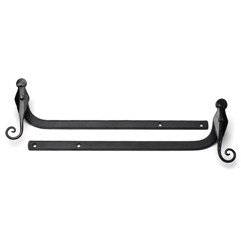 Closeup of Sill Mount Offset English Rat Tail Shutter Tiebacks with black powder coating.