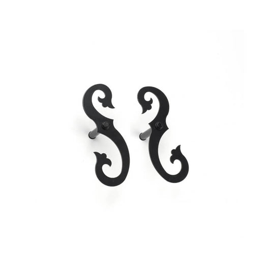 Closeup of Stainless Steel, Lag Mount Floral Shutter Tiebacks with black powder coating.