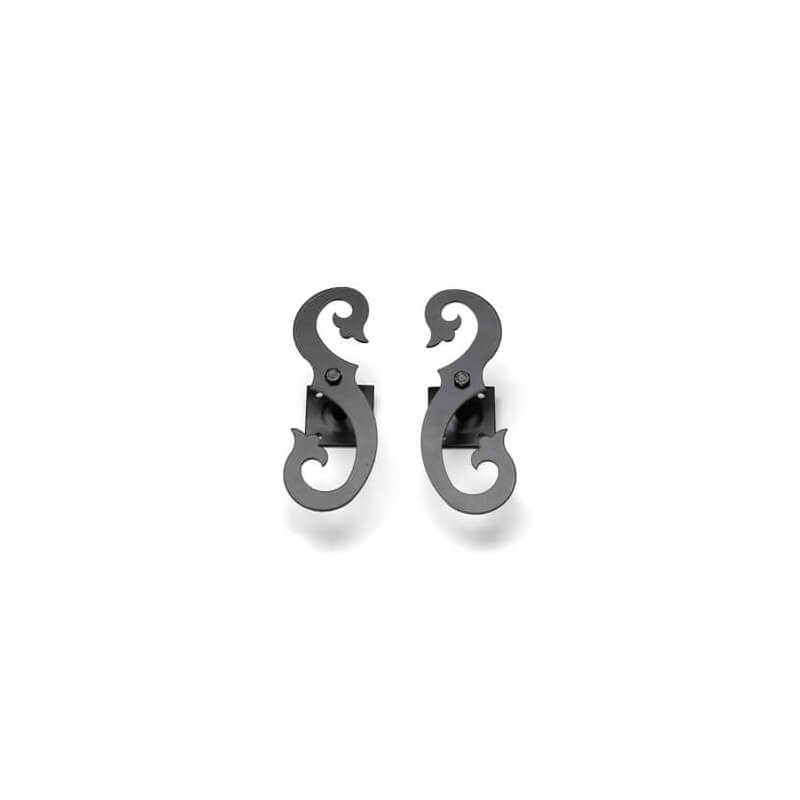 Closeup of Stainless Steel, Plate Mount Floral Shutter Tiebacks with black powder coating.