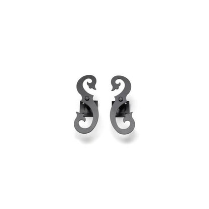 Closeup of Stainless Steel, Plate Mount Floral Shutter Tiebacks with black powder coating.