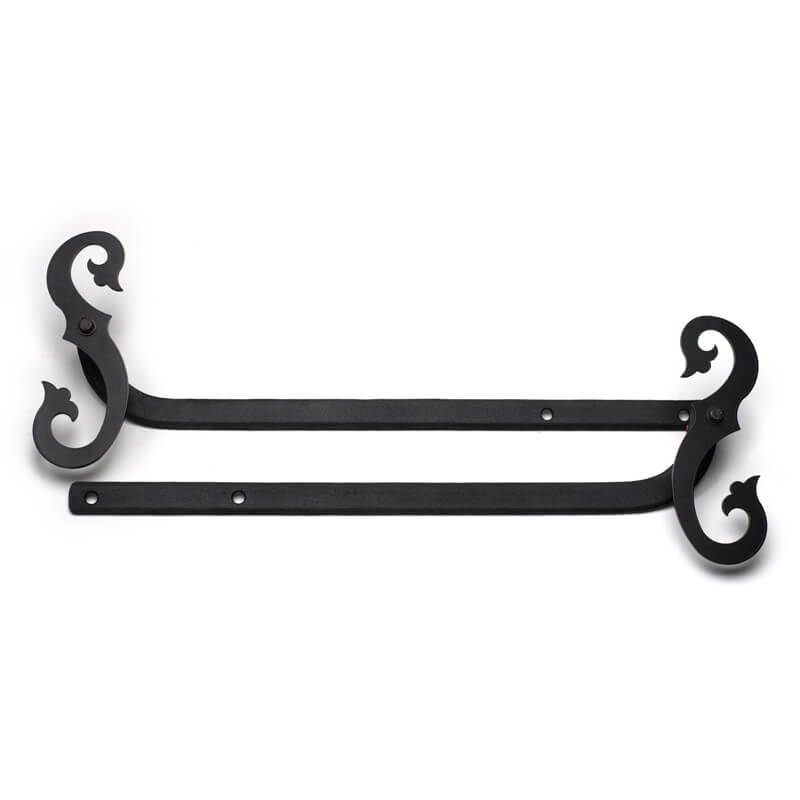 Closeup of Sill Mount S Floral Shutter Tiebacks with black powder coating.