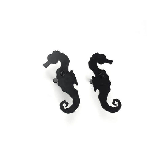 Closeup of Plate Mount Sea Horse Shutter Tiebacks with black powder coating.