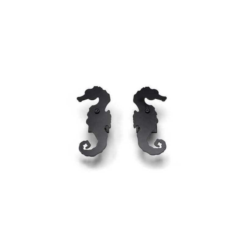 Closeup of Plate Mount Sea Horse Shutter Tiebacks with black powder coating.
