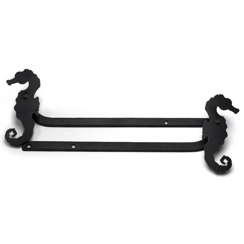 Closeup of Sill Mount Sea Horse Shutter Tiebacks with black powder coating.