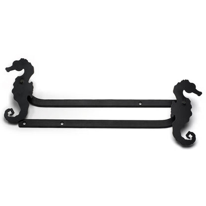 Closeup of Sill Mount Sea Horse Shutter Tiebacks with black powder coating.