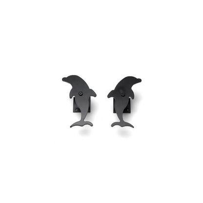 Closeup of Plate Mount Dolphin Shutter Tiebacks with black powder coating.
