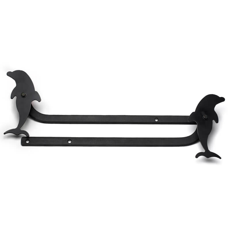 Closeup of Sill Mount Dolphin Shutter Tiebacks with black powder coating.