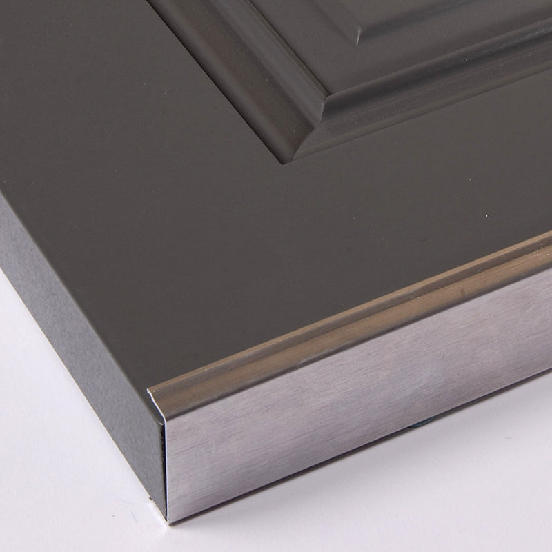 Closeup of Aluminum Shutter Capping installed on gray raised panel shutter.