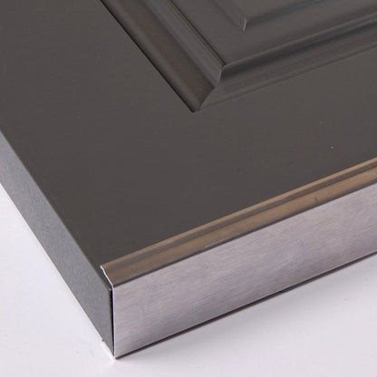 Closeup of Aluminum Shutter Capping installed on gray raised panel shutter.