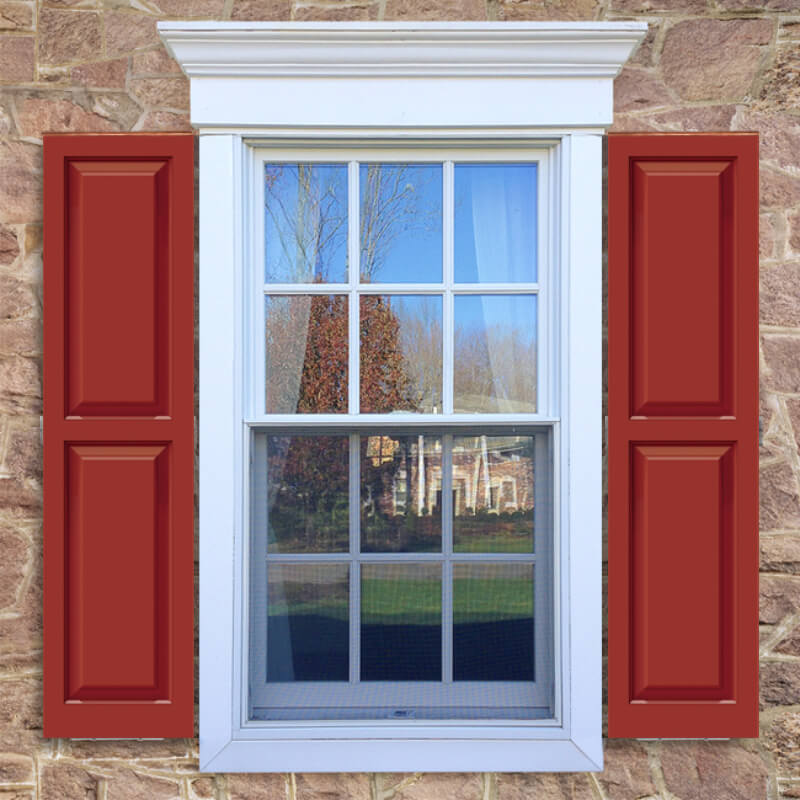 Clear fixed mount shutter bracket kit on a red panel shutters on stone wall window