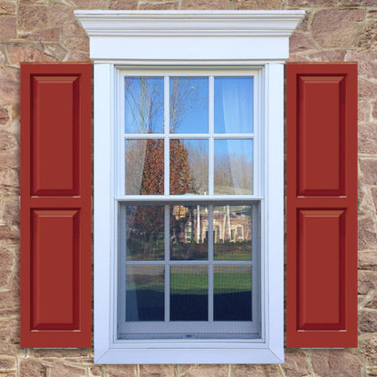 Clear fixed mount shutter bracket kit on a red panel shutters on stone wall window